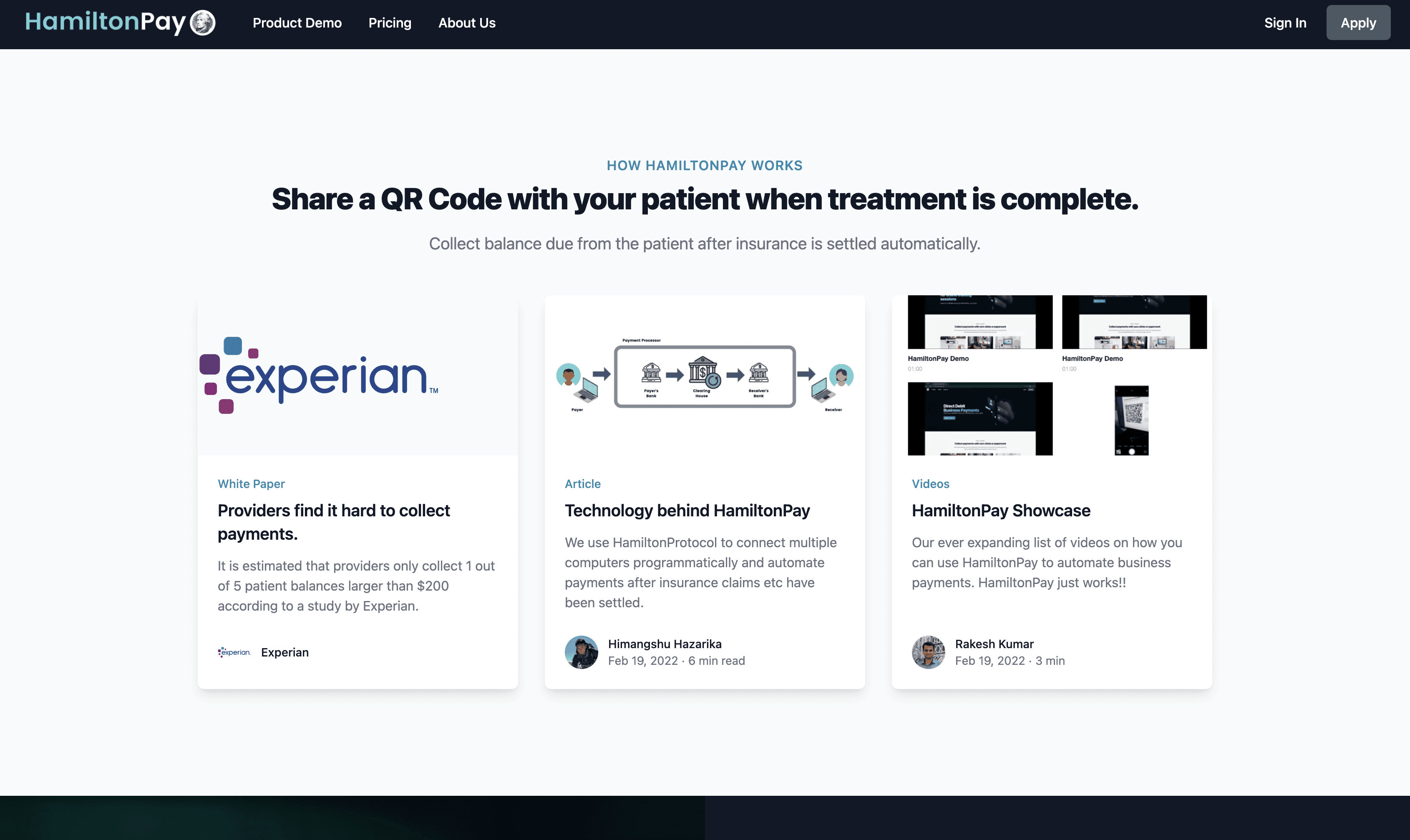 Hamilton Pay dashboard showing healthcare payment reconciliation and statements