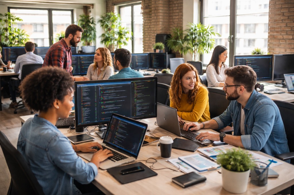 Collaborative open-plan office with developers working at monitors and laptops